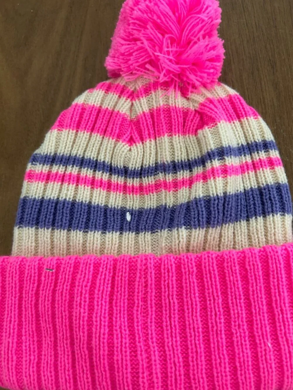 NWT Youth Pink Striped Knit Beanie With Pom By 47 Brand Snow Fort Cuffed Style